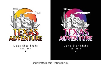 Gradient Texas Adventure T-shirt print. Lone Star State Hand-drawn effects.