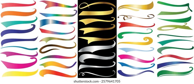 gradient Text swoosh, swirl, flourish vector illustration set, ribbon, abstract, decorative, ornate, and calligraphic banners feature curved, elegant curls with modern, stylish embellishments