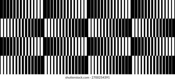 Gradientenübergangsgitter. Schwarzweiß Gestreifte Rasterstruktur mit Farbverlauf. Wiederholter Hintergrund. Senkrechte parallele dünne bis dicke Linien. Streifenkonzept mit Vektor-Doppler-Effekt. Keine AI