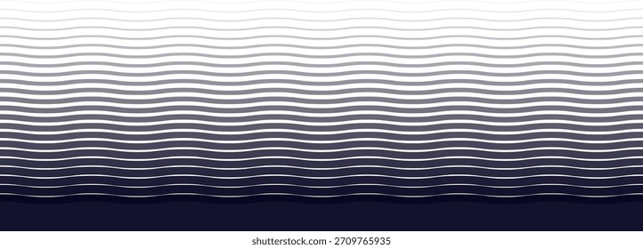 Gradientenübergangsgitter. Wellenförmig gekrümmte, gestreifte Rasterabstufungstextur. Horizontales dunkelblaues Linien-Hintergrundmuster. Hintergrund paralleler Vektorlinien. Optischer Täuschungseffekt. Keine AI