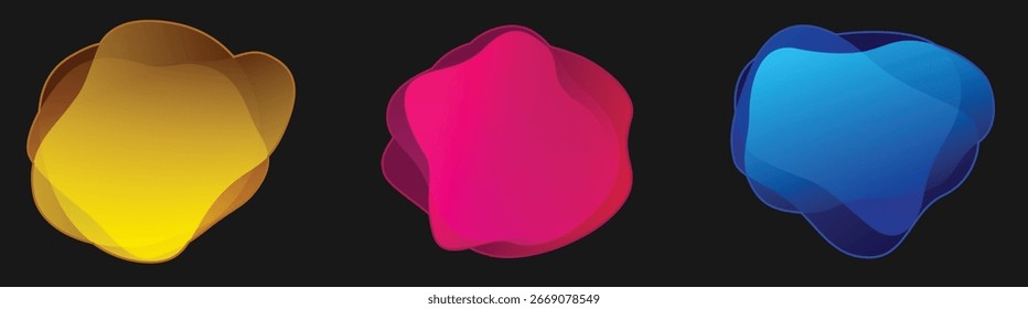 
Gradiente con Anuncios redondos orgánicos de transparencia. Superponer amarillo, magenta y azul colores de fondo de forma amorfa. Puntos Abstractas, iconos de infografía. Vector