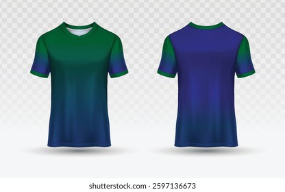 Gradient T-Shirt Mockup Vector: Front Green to Blue, Back Blue to Green, Light Checkered Background, Sporty Design, Contrasting Trim, Apparel Design Template, Transparent Element, Modern Style.
