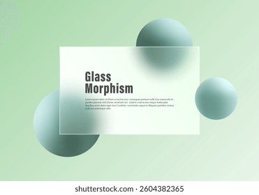 Gradient vector abstract background with information panel and 3D spheres in menthol color. Website login page template in glass morphism style.