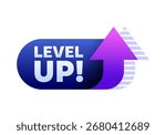 Gradient vector badge with "Level Up" text and arrow up icon. Perfect for logo, sign, symbol, label, gaming, motivation, success, progress, and achievement design
