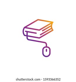 Gradient vector icon of a book with computer mouse for internet and online education, e-learning resources, distant online courses, universities and schools.