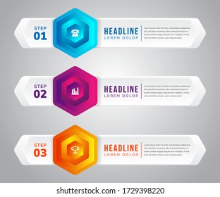 gradient vector illustration. Infographic template with three elements, hexagon, rectangle. Timeline step by step. Designed for business, presentations, web design, diagrams, training with 3 steps.