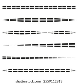 Gradient vector lines. Tapered black segments. Horizontal graphic elements. Abstract stripe shapes.