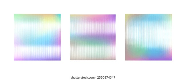 Um conjunto de vetores de gradiente de planos de fundo com cores brilhantes: azul, amarelo, verde, roxo. Vidro ondulado com textura granulada e transição de cor suave
