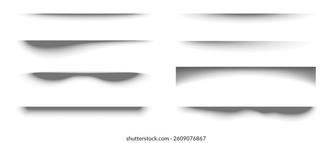 Gradient vector shadows set isolated on white background. Black gradient shade boxes. Realistic drop shapes with soft blur. Rectangle spots under edge of page