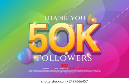 Gradient vector text effect 50k social media followers and subscribers thank you post design