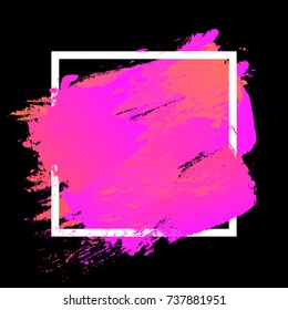 Gradient vibrant pink orange strokes with paint brush texture in a white square frame isolated on black background. Vector illustration for sale banner. Design for premium festive card, poster design.
