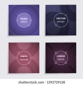 Gradient vinyl records music album covers set. Semicircle curve lines patterns. Tech creative vinyl music album covers, disc mockups. DJ records disc vector mockups. Flyer gradient patterns.