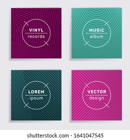 Gradient vinyl records music album covers set. Halftone lines backgrounds. Simple creative vinyl music album covers, disc mockups. DJ records disc vector mockups. Techno party posters.