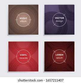 Gradient vinyl records music album covers set. Semicircle curve lines patterns. Futuristic creative vinyl music album covers, disc mockups. DJ records disc vector mockups. Posters material design.