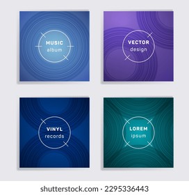 Gradient vinyl records music album covers set. Semicircle curve lines patterns. Simple creative vinyl music album covers, disc mockups. DJ records geometric layouts. Techno party posters.