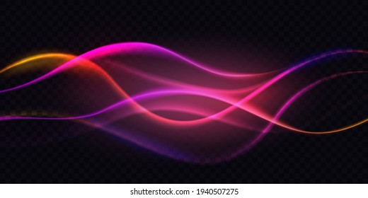 Gradient violet neon color wave, abstract light effect vector illustration. Dynamic translucent soft gradient stream motion, wavy flow bright curve elements isolated on transparent black background
