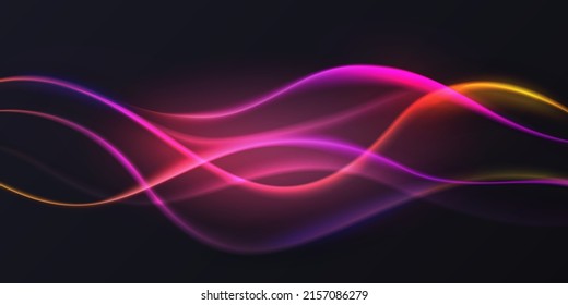 Gradient Violet Neon Color Wave, Abstract Light Effect Vector Illustration. Dynamic Translucent Soft Gradient Stream Motion, Wavy Flow Bright Curve Elements Isolated On Black Background