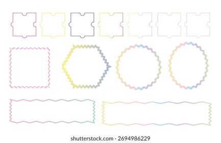 “Pastel gradient wavy frame set. Colorful square, circle, rectangle, and hexagon outlines with soft rainbow tones for decorative design, templates, and invitations.”