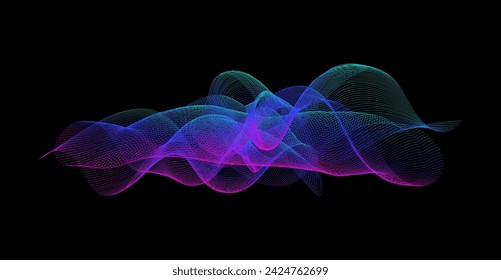 Gradient wavy line blend form. Abstract purple blue green flowing lines design element. Dynamic neon wave smoky shape. Sound waves or ai illustration concept. Vector curved pattern background