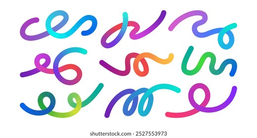 Gradient wavy lines. Abstract rainbow gradient waves, colorful fluid spirals and knots, liquid color twisted geometric shapes. Isolated loops with vivid iridescent vector set.