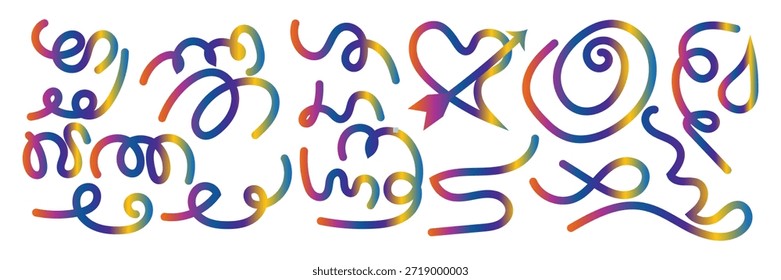 Gradient wavy lines. Abstract rainbow gradient waves, colorful fluid spirals and knots, liquid color twisted geometric shapes. Isolated loops with vector set.