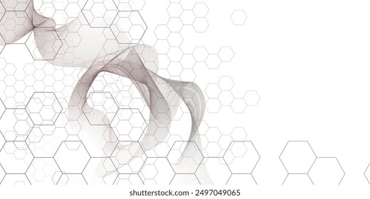 Gradient wavy lines background with hexagonal lines. Vector illustration.