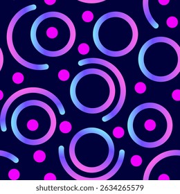 Gradient wavy lines and circles on dark background abstract seamless pattern