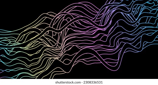 Gradient wavy lines on black background. Modern dark abstract vector texture.