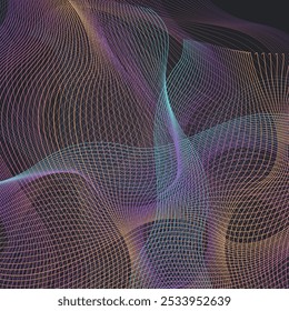 Gradient Wavy Smoke Vector Black Background. Neon Line Sound Pattern. Dynamic Element Abstract Illustration. Digital Curve Energy Backdrop.