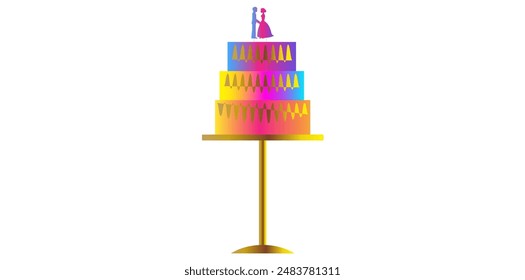 Gradient Wedding Cake Sketch With Golden Stand Vector Illustration.	