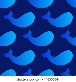 Gradient whale. Blue background. Seamless pattern. Vector illustration.