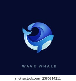 Gradient whale blue vector logo design illustration with wave in sea graphic element for brand, big fish logo template