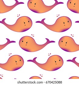 Gradient whale. Violet and orange background. Seamless pattern. Vector illustration.