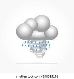 gradient white grey spheres forming a cloud shape with curling ribbon as wind, rain drops, and drop shadow for weather icon vector