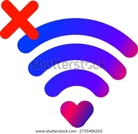 Gradient Wi-Fi icon with a heart base and a red cross, symbolizing no signal or connection issues. Valentine's day, online dating 