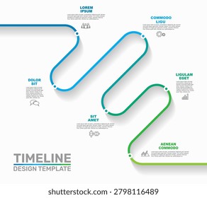 Gradient winding ribbon road timeline infographic template with placeholder text, thin line business icons. Vector illustration.