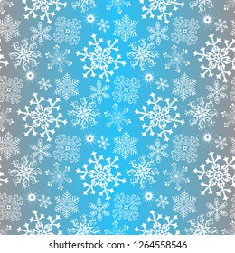 Gradient winter seamless christmas blue pattern with white snowflakes, vector eps 8
