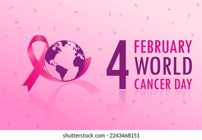 Gradient world cancer day horizontal banner background with world map and ribbon