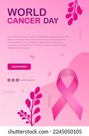 Gradient world cancer day vertical poster template with cancer day ribbon and leaf