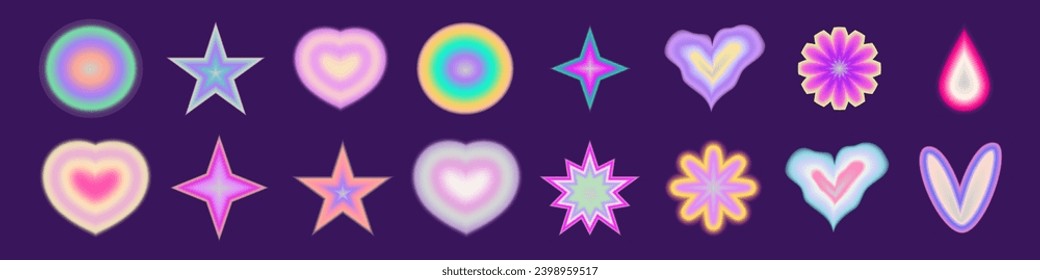 Gradient Y2K blur element set. Abstract aesthetic y2k shape blur heart, star and circle. Gradient vector illustration