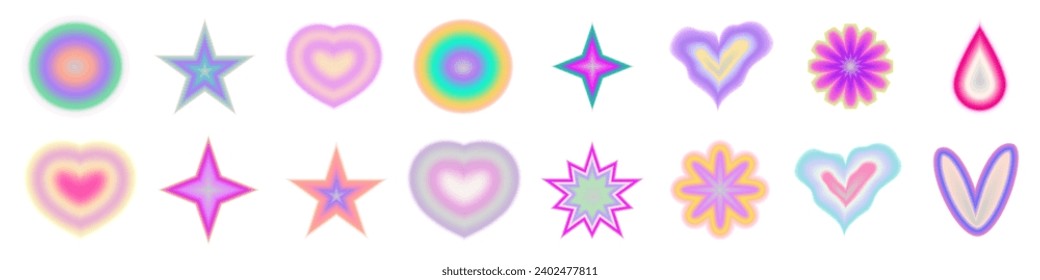 Gradient Y2K blur element set. Abstract aesthetic y2k shape blur heart, star and circle. Gradient vector illustration