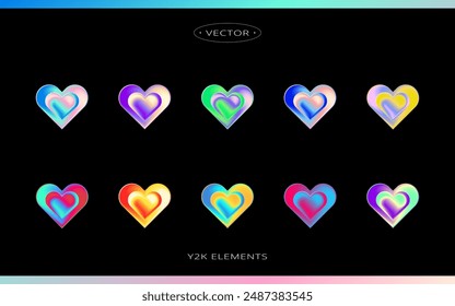 Gradient y2k element geometric love heart shape sticker, holographic pastel color flat clipart set vector.