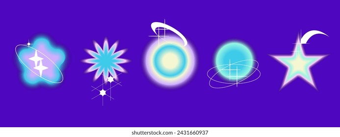 Conjunto de desenfoque de forma Y2k degradado. Flor, estrella, planeta borroso estético y2k. Ilustración de la forma del pastel del vector. Forma de degradado de aura