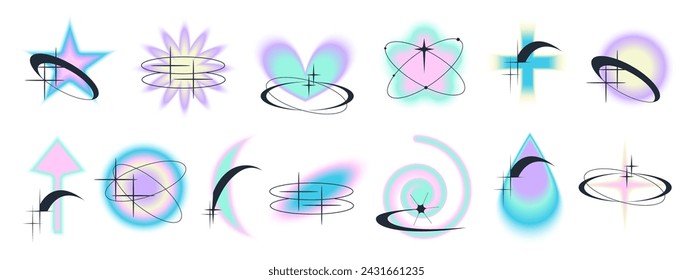 Gradient Y2k shape blur set. Flower, star, heart blurry aesthetic y2k. Vector pastel form illustration. Aura gradient shape