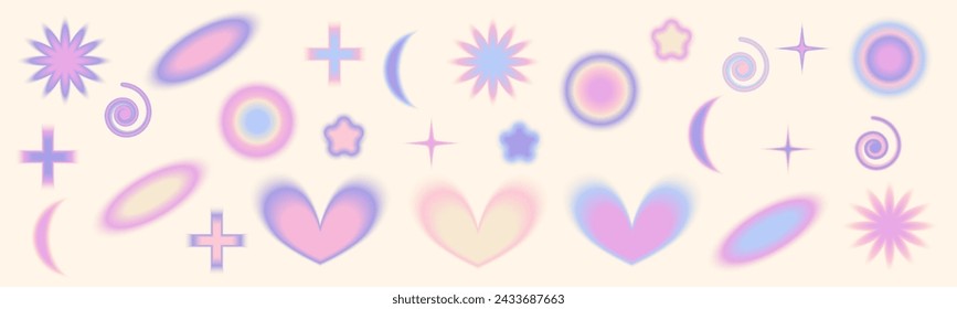 Gradient Y2k shape blur set. Flower, star, planet blurry aesthetic y2k. Vector pastel form illustration. Aura gradient shape