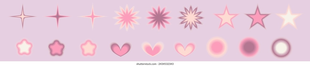 Gradient Y2k shape blur set. Flower, star, planet blurry aesthetic y2k. Vector pastel form illustration. Aura gradient shape