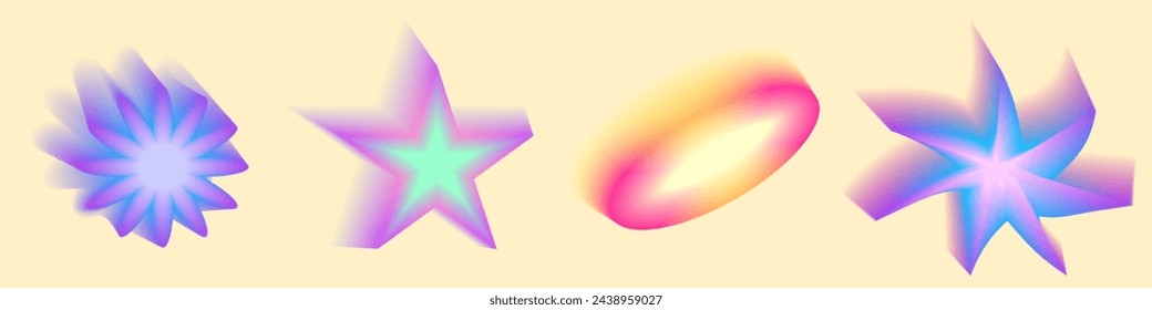 Gradient Y2k shape blur set. Flower, star, planet blurry aesthetic y2k. Vector pastel form illustration. Aura gradient shape