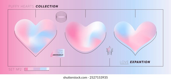 Gradient Y2k style Hearts For Valentine's Day Cards and Love Designs. Aesthetic Soft Gradients in Heart Shaped Patterns. Blur and Abstract Modern Heart Templates. 