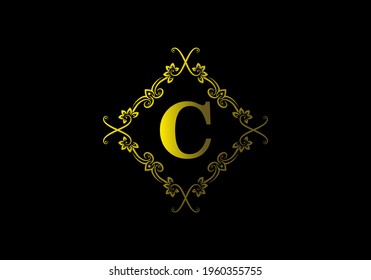 Gradient yellow gold color of C initial letter in vintage frame design