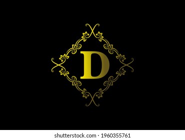 Gradient yellow gold color of D initial letter in vintage frame design